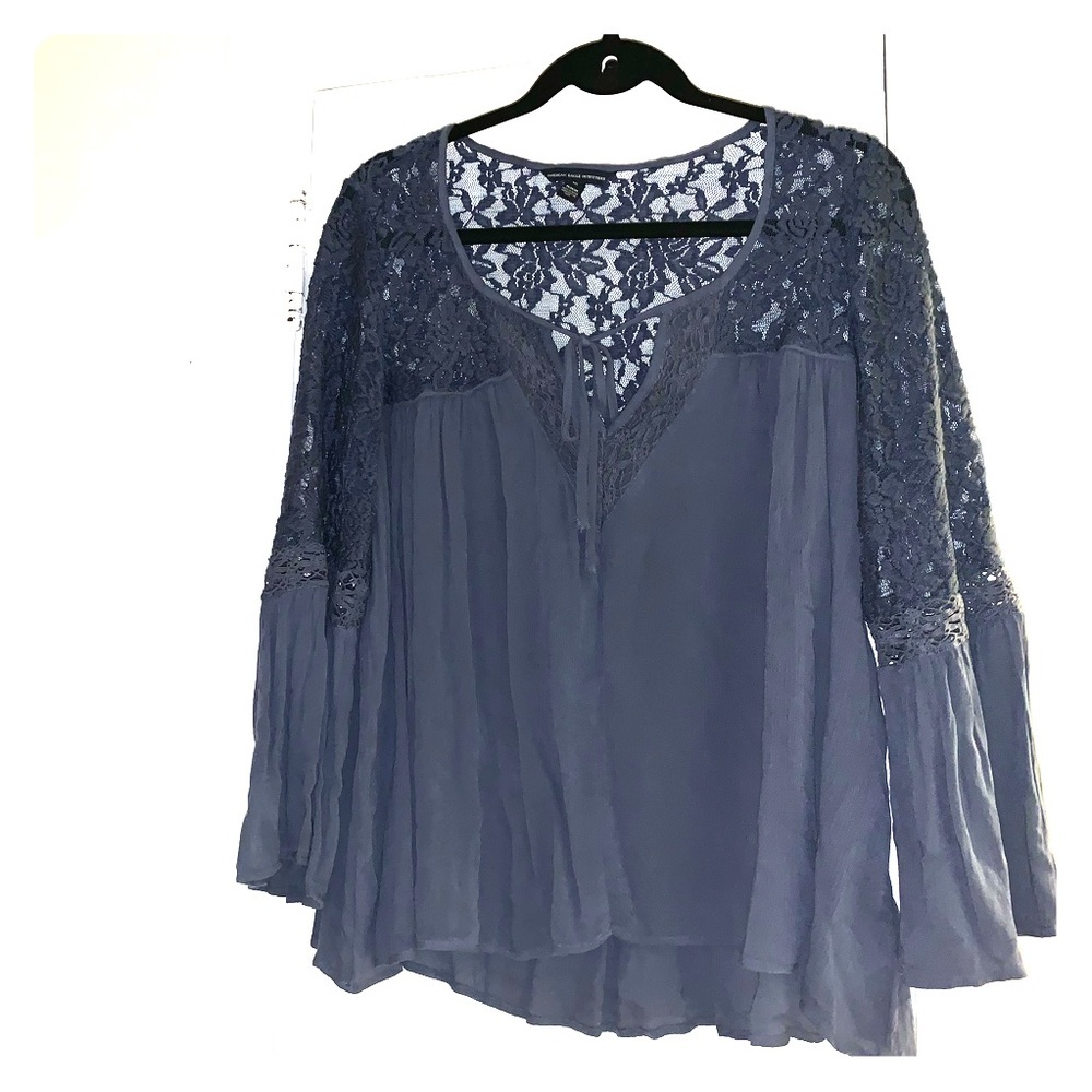 American Eagle Bell Sleeve Peasant Blouse Blue Lace Shirt NWOT - Picture 4 of 11